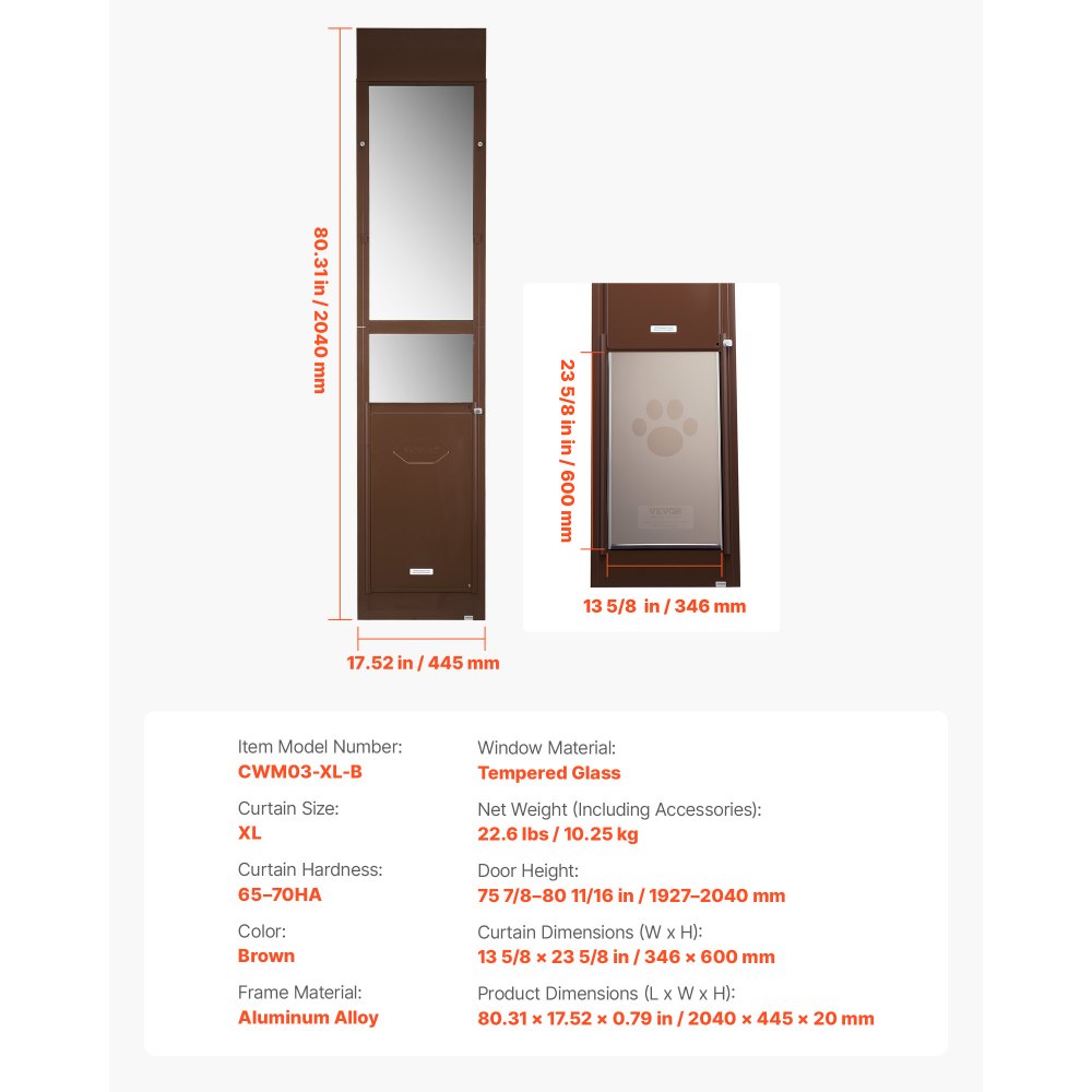 VEVOR Dog Door for Sliding Glass Door, 75 7/8 to 80 11/16 in Adjustable Height, Aluminum Alloy Frame with Rotating Hinges, Lock Design, 13 5/8 x 23 5/8 in Flap, Sliding Glass Pet Door for Renters