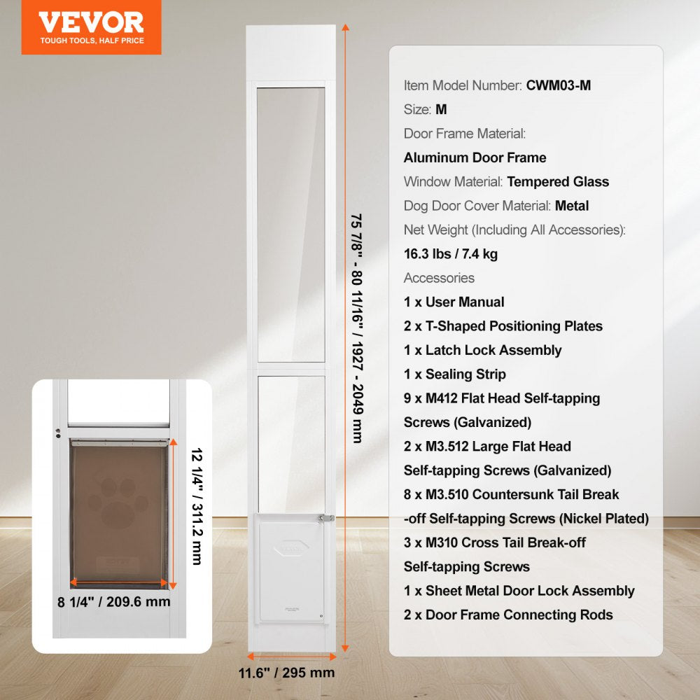 VEVOR Dog Door for Sliding Glass Door, 75 7/8"-80 11/16" Adjustable Height Doggy Door for Sliding Doors, Aluminum Frame Tempered Glass Pet Door with Hinge Structure Flap and Lock for Small-Sized Dogs