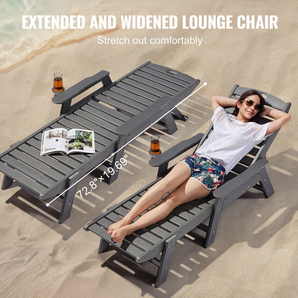 VEVOR Chaise Lounge Chair, 400 lbs Weight Capacity, 6 Positions Adjustable Patio Lounge Chair, Outdoor HDPE Lounge Chair with Backrest & Cup Holder, for Pool Poolside Deck Backyard Lawn, Gray