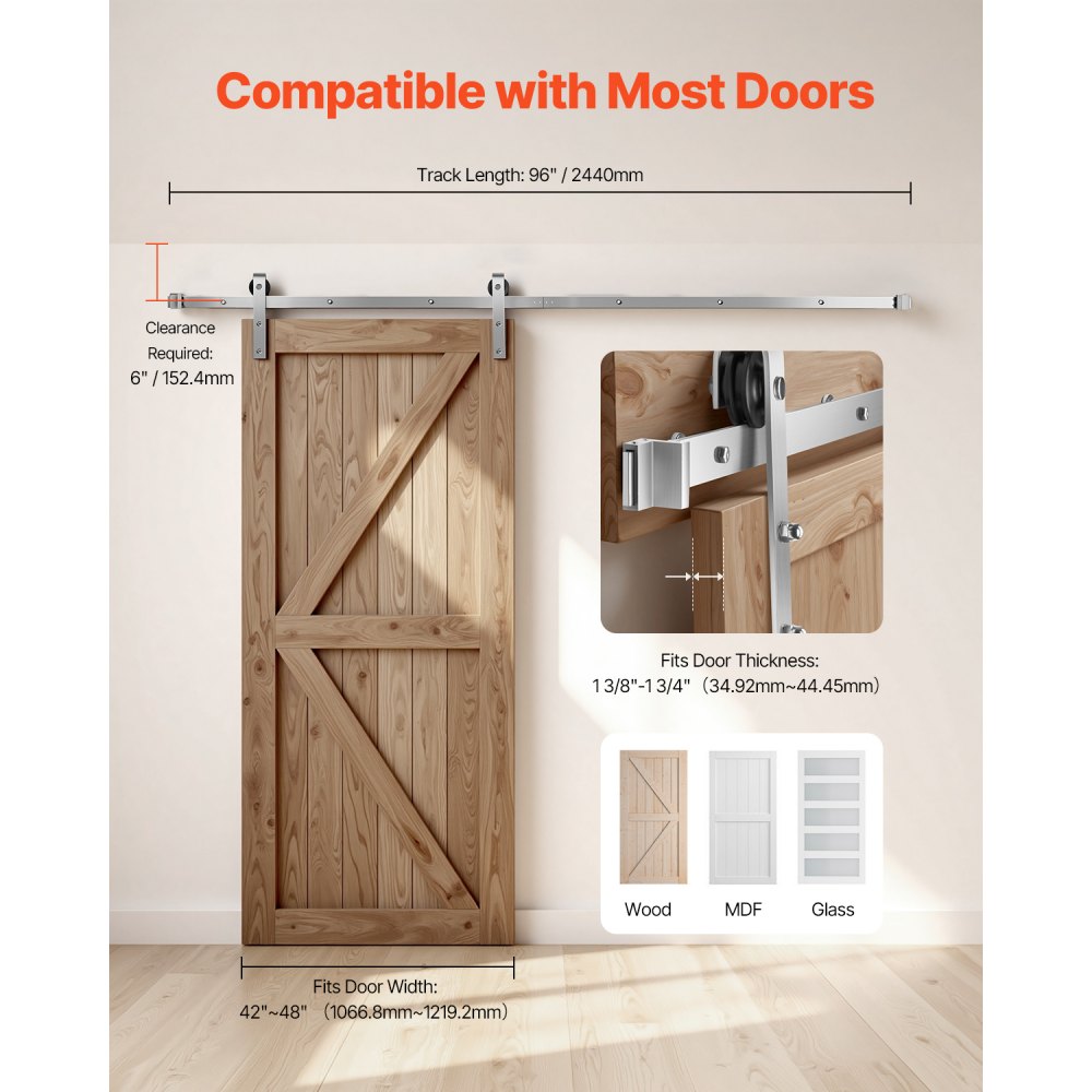 VEVOR 8FT Sliding Barn Door Hardware Kit, 330 LBS Weight Capacity, Compatible with 42 to 48 Inches Width & 1-3/8 to 1-3/4 Inches Thickness Single Sliding Barn Door, Durable Track & J-shape Roller