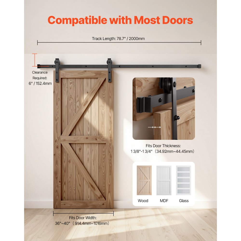 VEVOR 6.6FT Sliding Barn Door Hardware Kit, 330 LBS Weight Capacity, Compatible with 36-40 Inches Width & 1-3/8 to 1-3/4 Inches Thickness Single Sliding Barn Door, Durable Track & J-shape Roller Black