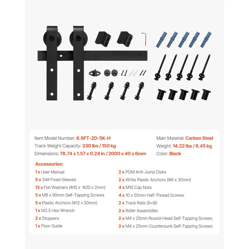 VEVOR 6.6FT Sliding Barn Door Hardware Kit, 330 LBS Weight Capacity, Compatible with 36-40 Inches Width & 1-3/8 to 1-3/4 Inches Thickness Single Sliding Barn Door, Durable Track & J-shape Roller Black