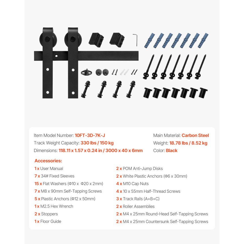 VEVOR 10FT Sliding Barn Door Hardware Kit, 330 LBS Weight Capacity, Compatible with 60 Inches Max Width & 1-3/8 to 1-3/4 Inches Thickness Single Sliding Barn Door, Durable Track & J-shape Roller,Black