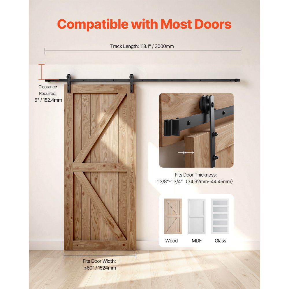 VEVOR 10FT Sliding Barn Door Hardware Kit, 330 LBS Weight Capacity, Compatible with 60 Inches Max Width & 1-3/8 to 1-3/4 Inches Thickness Single Sliding Barn Door, Durable Track & I-shape Roller,Black