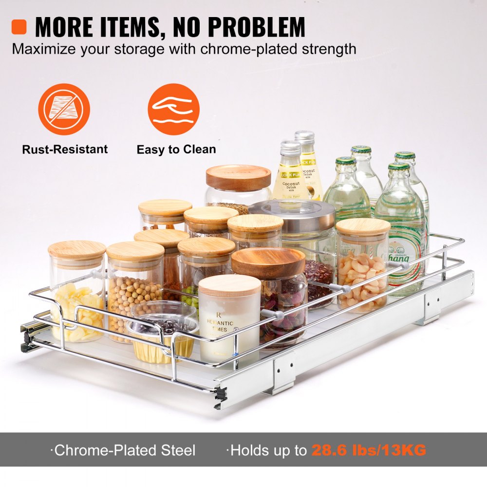 VEVOR 11"Wx21"Dx2.5"H Pull Out Cabinet Organizer, Heavy Duty Slide Out Pantry Shelves, Steel Roll Out Drawers, Sliding Drawer Storage for Home Under Sink, 13.5"Wx22"Dx7"H Install Size for Cabinet
