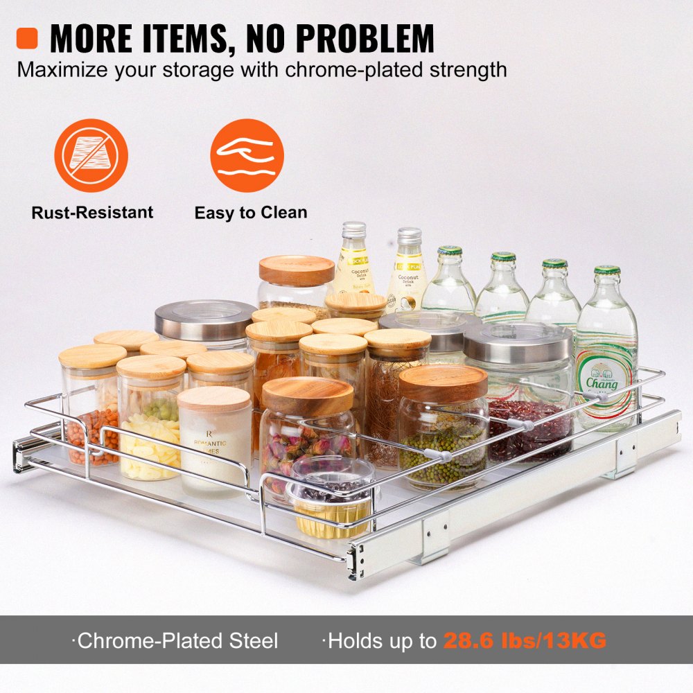VEVOR 21.5"Wx21"Dx3.5"H Pull Out Cabinet Organizer, Heavy Duty Slide Out Pantry Shelves, Steel Roll Out Drawers, Sliding Drawer Storage for Home Under Sink, 23"Wx22"Dx7"H Install Size for Cabinet