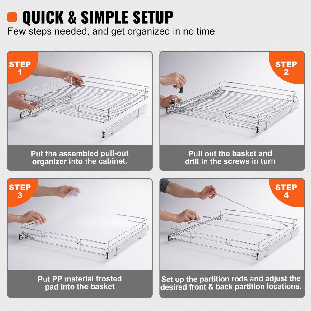 VEVOR 21.5"Wx21"Dx3.5"H Pull Out Cabinet Organizer, Heavy Duty Slide Out Pantry Shelves, Steel Roll Out Drawers, Sliding Drawer Storage for Home Under Sink, 23"Wx22"Dx7"H Install Size for Cabinet