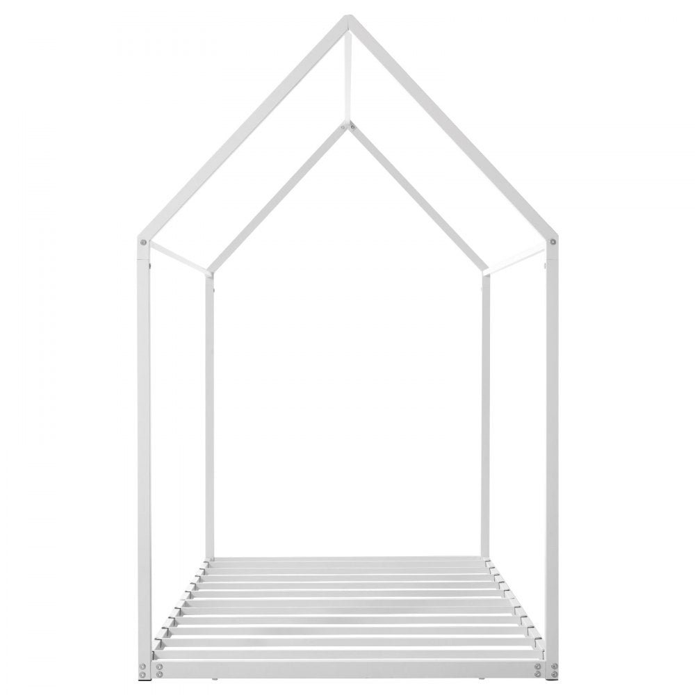 VEVOR Twin Size House Bed Frame, Metal Kids Floor Bed Frame with Roof, Heavy Duty Steel Slats Support, House Shape Bedframe for Girls and Boys, No Box Spring Needed, Easy Assembly, White