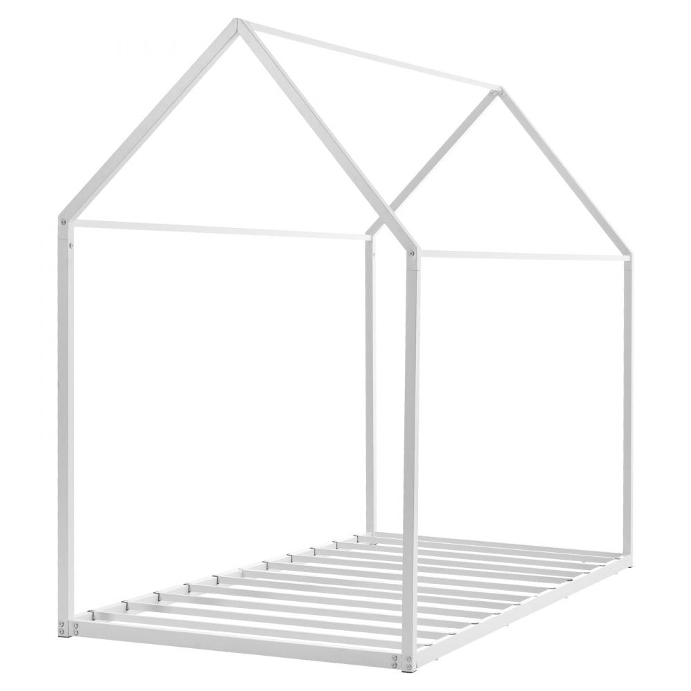 VEVOR Twin Size House Bed Frame, Metal Kids Floor Bed Frame with Roof, Heavy Duty Steel Slats Support, House Shape Bedframe for Girls and Boys, No Box Spring Needed, Easy Assembly, White