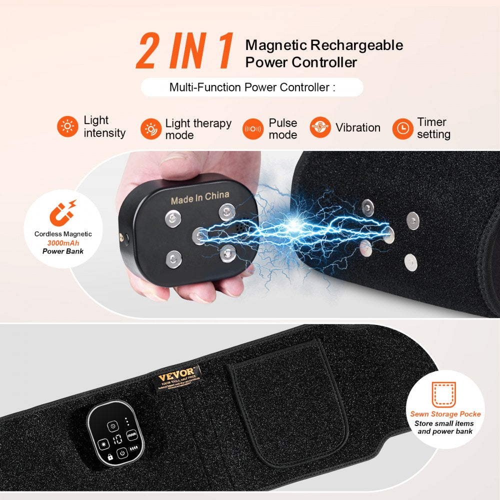 VEVOR Red Light Therapy for Waist, 660nm & 850nm Red Light Therapy Wrap Belt with Timer, 105 LEDs, 3-Level Vibration & 3 Intensities, Cordless Light Therapy Pad Device for Shoulder Knee Pain Relief