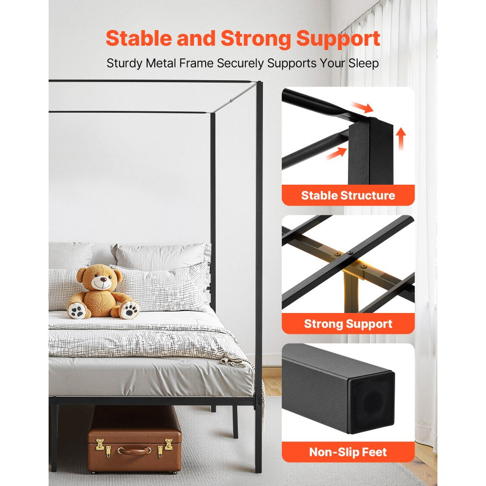 VEVOR King Size Canopy Bed Frame, Metal Canopy Bed with Charging Station and Four Posters Design, Heavy Duty Steel Slats Support, Underbed Storage Space, No Box Spring Needed, Easy Assembly, Black