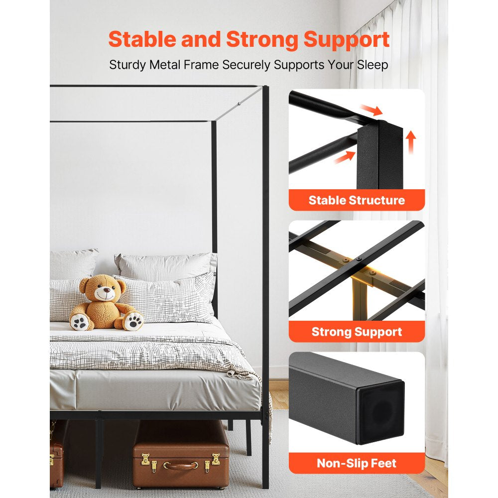 VEVOR Full Size Canopy Bed Frame, Metal Canopy Bed with Four Posters Design, Heavy Duty Steel Slats Support, Underbed Storage Space, No Box Spring Needed, Easy Assembly, Black