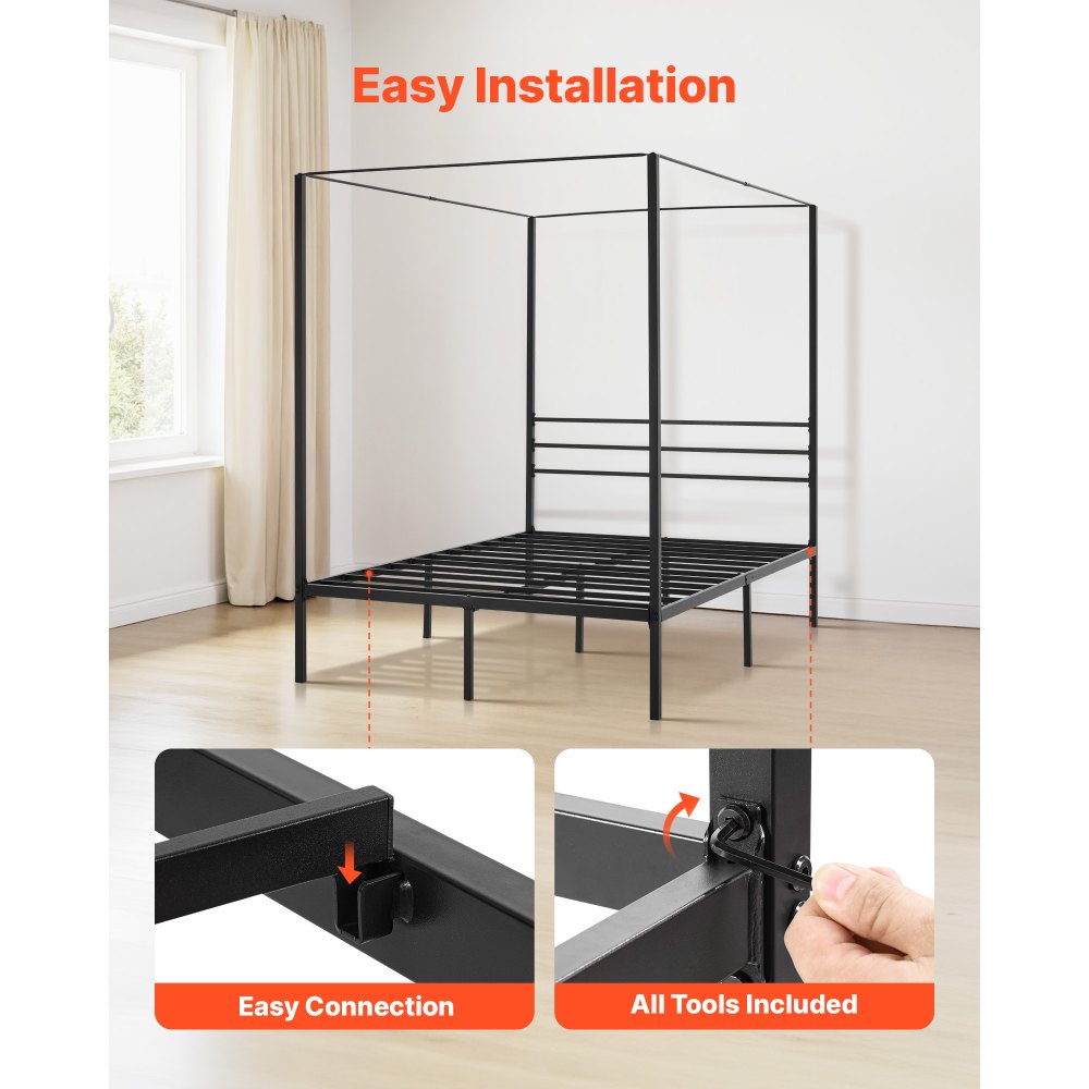 VEVOR Full Size Canopy Bed Frame, Metal Canopy Bed with Four Posters Design, Heavy Duty Steel Slats Support, Underbed Storage Space, No Box Spring Needed, Easy Assembly, Black