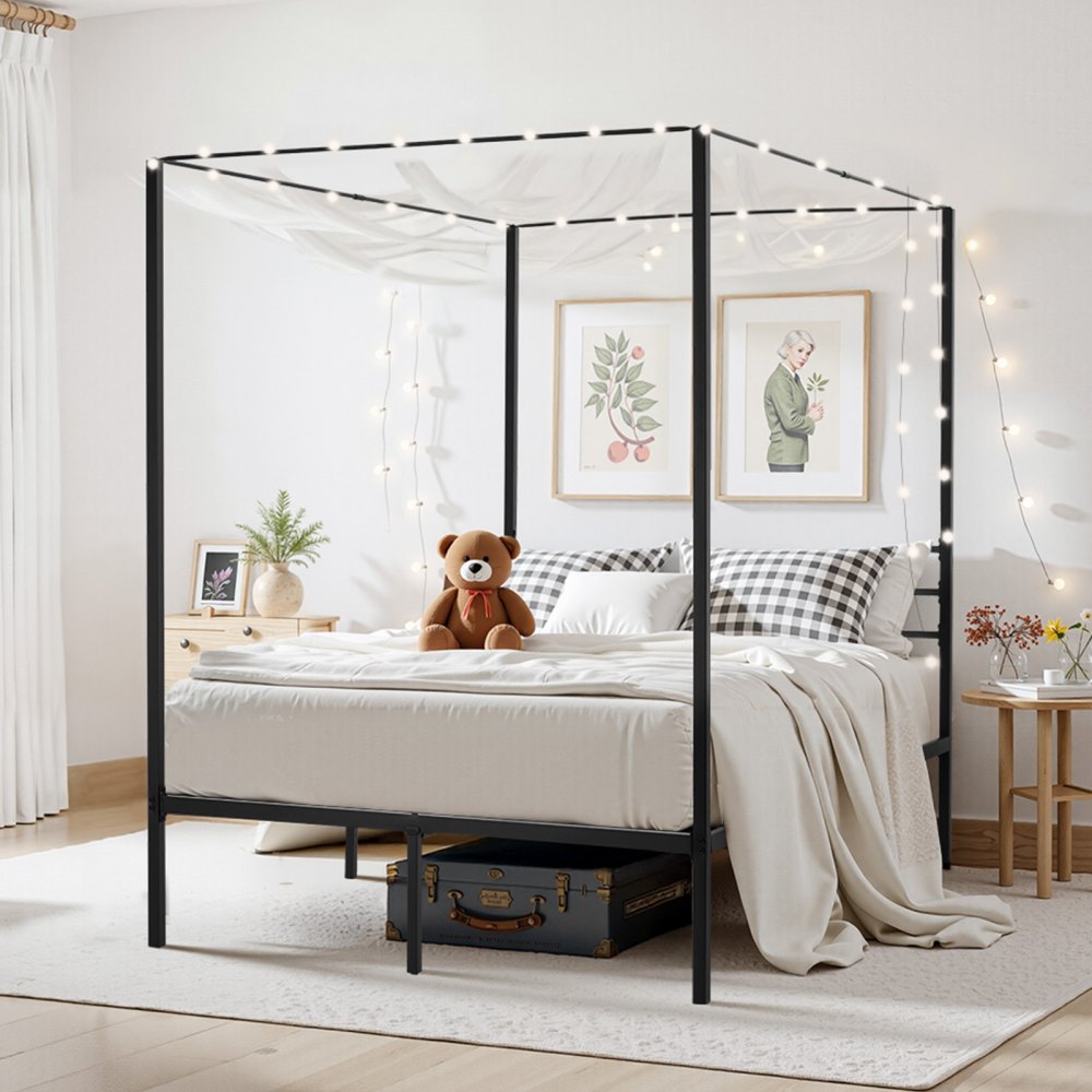 VEVOR Full Size Canopy Bed Frame, Metal Canopy Bed with Four Posters Design, Heavy Duty Steel Slats Support, Underbed Storage Space, No Box Spring Needed, Easy Assembly, Black