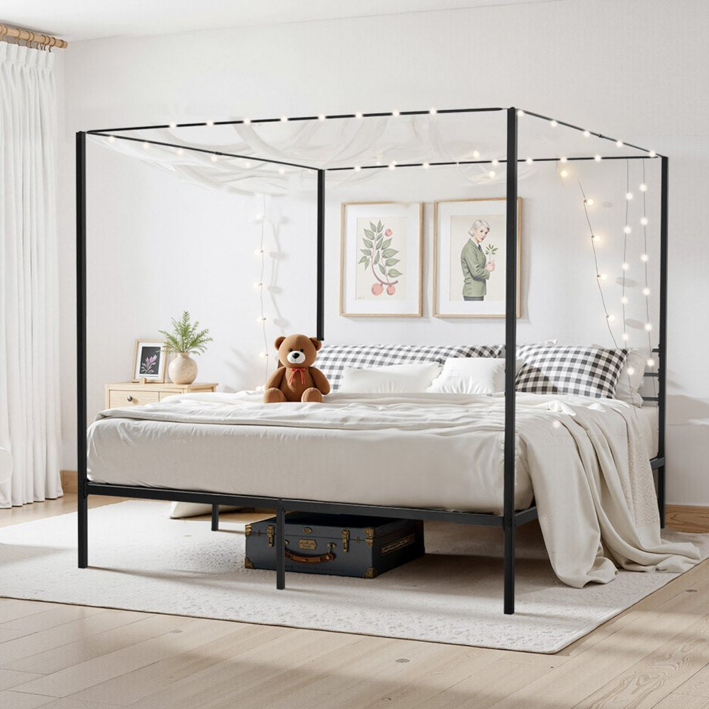VEVOR King Size Canopy Bed Frame, Metal Canopy Bed with Four Posters Design, Heavy Duty Steel Slats Support, Underbed Storage Space, No Box Spring Needed, Easy Assembly, Black