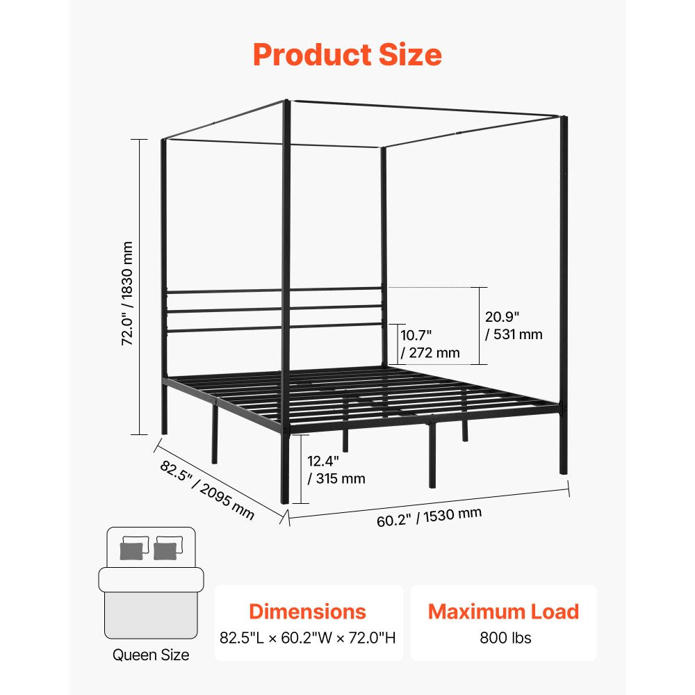 VEVOR Queen Size Canopy Bed Frame, Metal Canopy Bed with Four Posters Design, Heavy Duty Steel Slats Support, Underbed Storage Space, No Box Spring Needed, Easy Assembly, Black