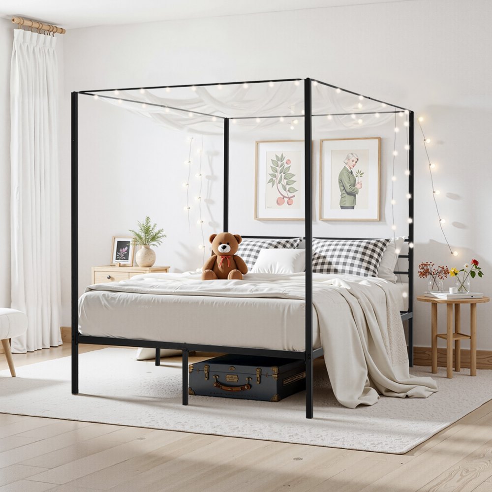 VEVOR Queen Size Canopy Bed Frame, Metal Canopy Bed with Four Posters Design, Heavy Duty Steel Slats Support, Underbed Storage Space, No Box Spring Needed, Easy Assembly, Black