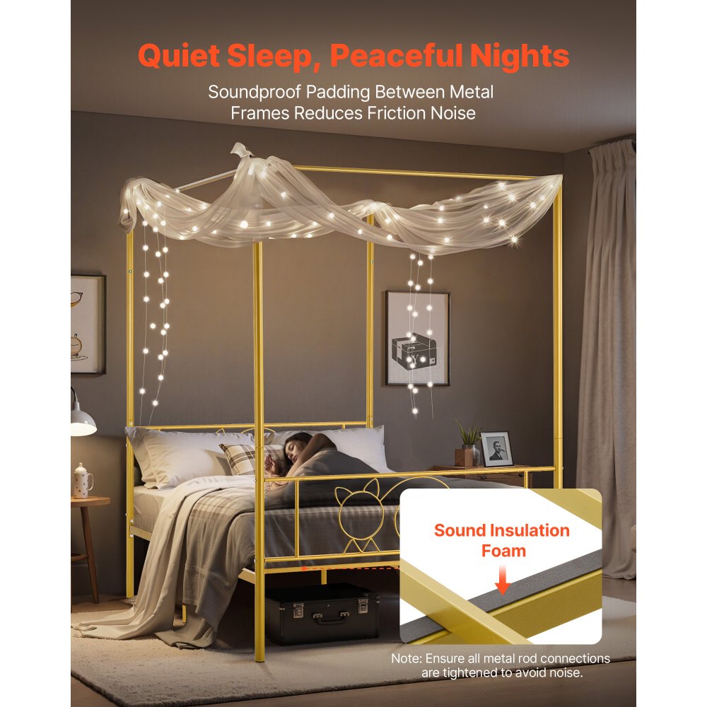 VEVOR Full Size Canopy Bed Frame, Metal Canopy Bed with Minimalist Headboard & Four Posters Design, Heavy Duty Steel Slats Support, Underbed Storage Space, No Box Spring Needed, Easy Assembly, Gold