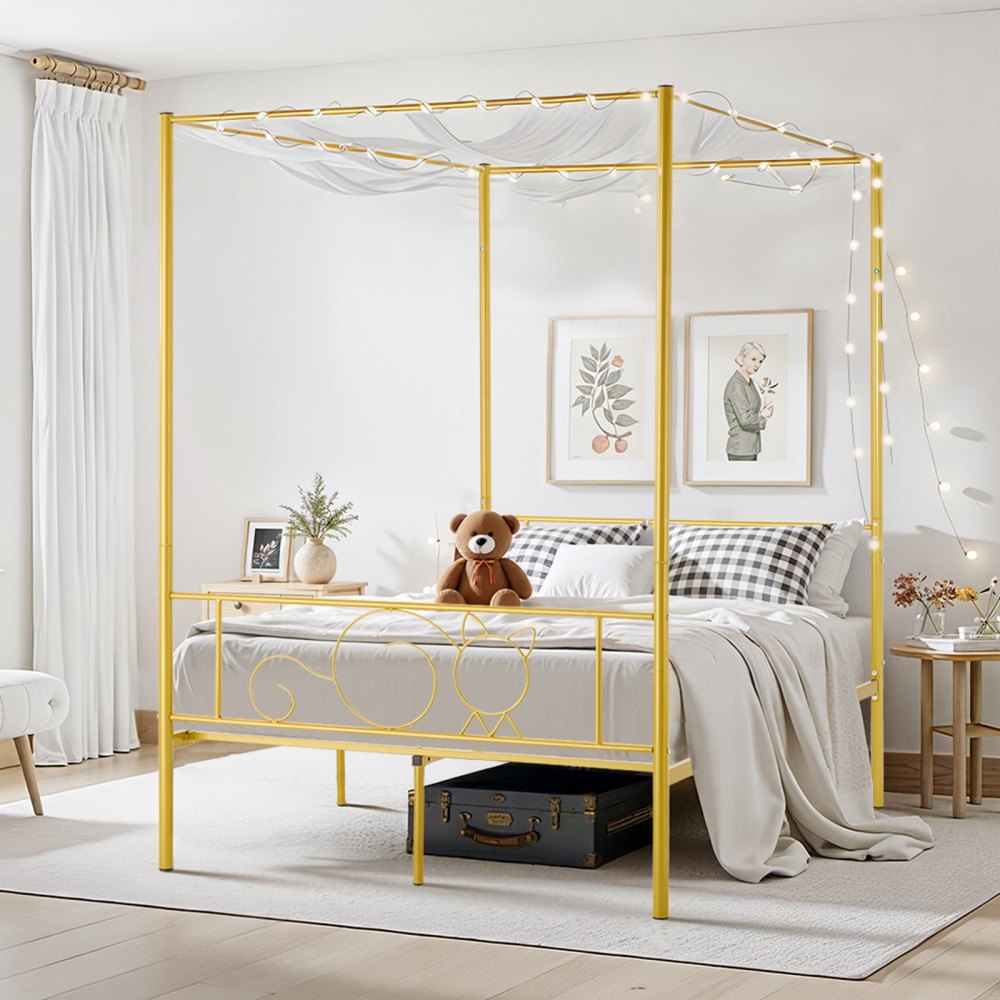 VEVOR Full Size Canopy Bed Frame, Metal Canopy Bed with Minimalist Headboard & Four Posters Design, Heavy Duty Steel Slats Support, Underbed Storage Space, No Box Spring Needed, Easy Assembly, Gold
