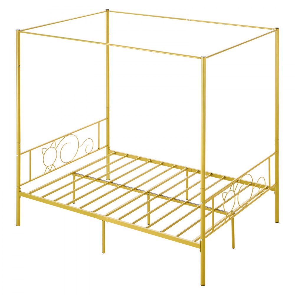 VEVOR Full Size Canopy Bed Frame, Metal Canopy Bed with Minimalist Headboard & Four Posters Design, Heavy Duty Steel Slats Support, Underbed Storage Space, No Box Spring Needed, Easy Assembly, Gold
