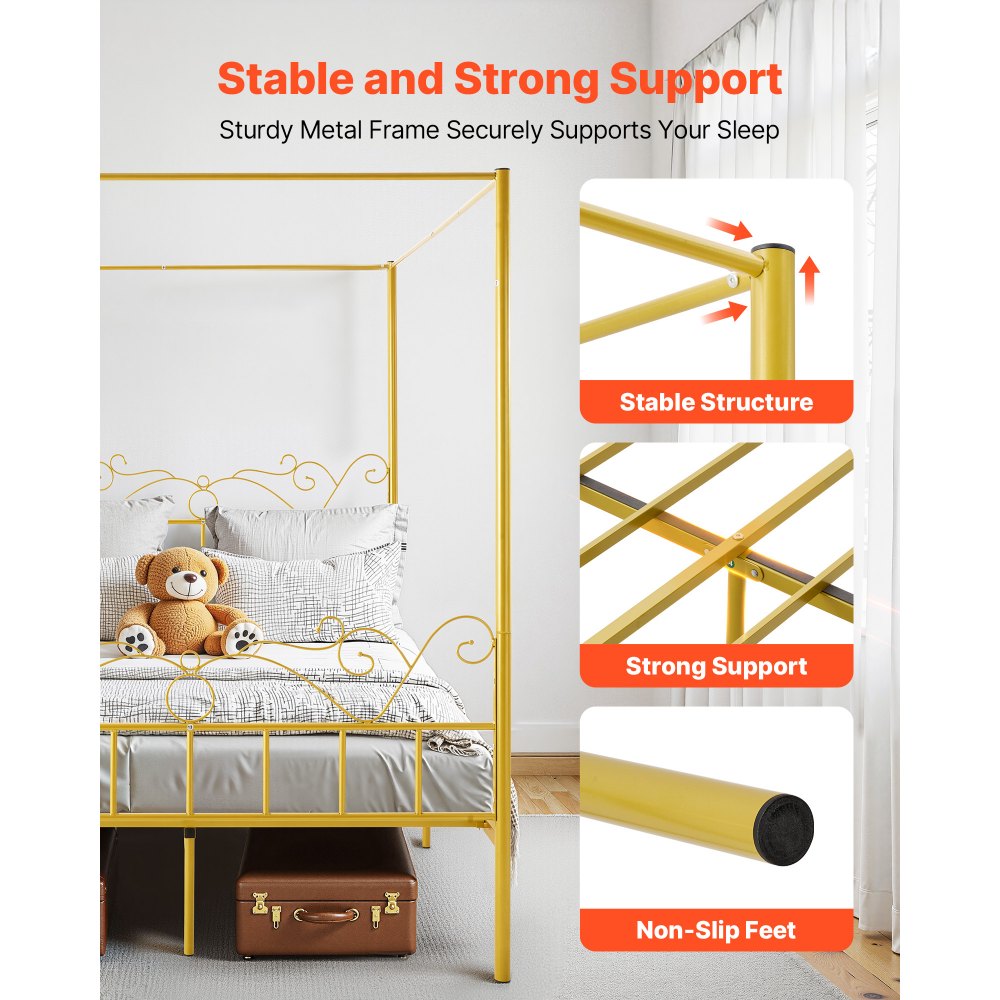 VEVOR Queen Size Canopy Bed Frame, Metal Canopy Bed with Minimalist Headboard & Four Posters Design, Heavy Duty Steel Slats Support, Underbed Storage Space, No Box Spring Needed, Easy Assembly, Gold