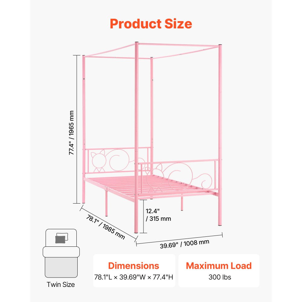 VEVOR Twin Size Canopy Bed Frame, Metal Canopy Bed with Minimalist Headboard & Four Posters Design, Heavy Duty Steel Slats Support, Underbed Storage Space, No Box Spring Needed, Easy Assembly, Pink