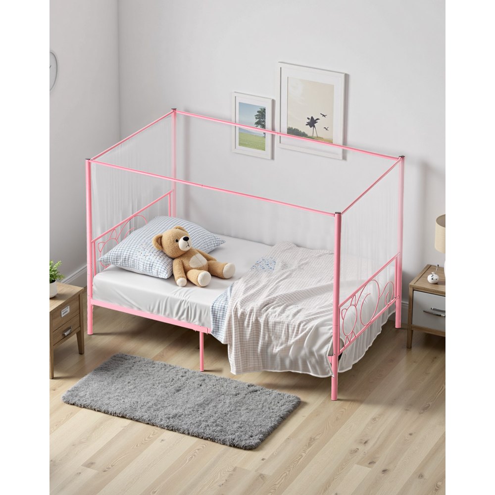 VEVOR Twin Size Canopy Bed Frame, Metal Canopy Bed with Minimalist Headboard & Four Posters Design, Heavy Duty Steel Slats Support, Underbed Storage Space, No Box Spring Needed, Easy Assembly, Pink