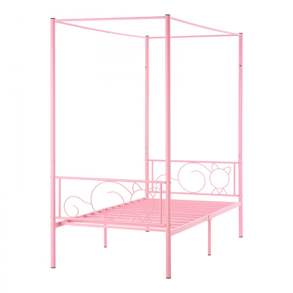 VEVOR Twin Size Canopy Bed Frame, Metal Canopy Bed with Minimalist Headboard & Four Posters Design, Heavy Duty Steel Slats Support, Underbed Storage Space, No Box Spring Needed, Easy Assembly, Pink