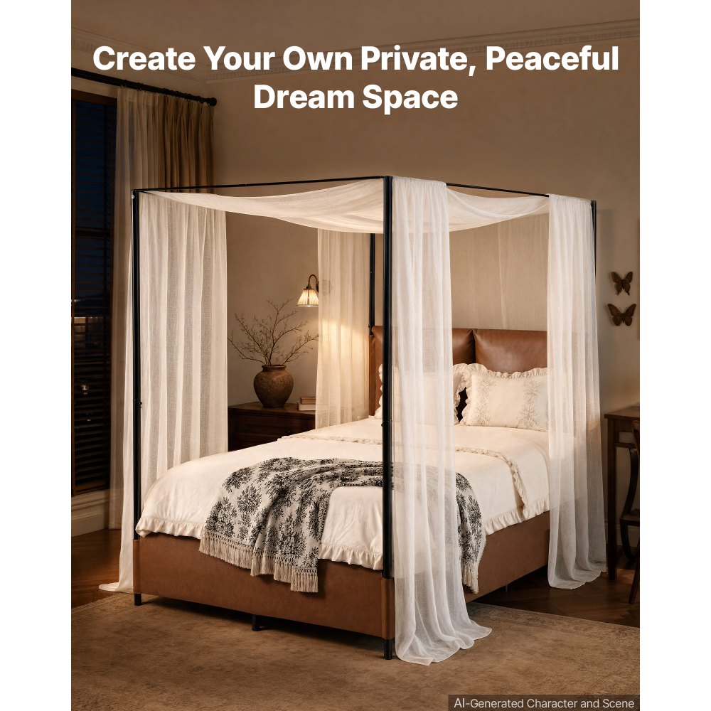 VEVOR Canopy Bed Frame Full Size Metal Canopy Bed with Leather Headboard, For Bedroom, Four-Poster, with Heavy Duty Slats, Under-Bed Storage Space, Easy to Assemble, 800 lbs Stable Support, Brown
