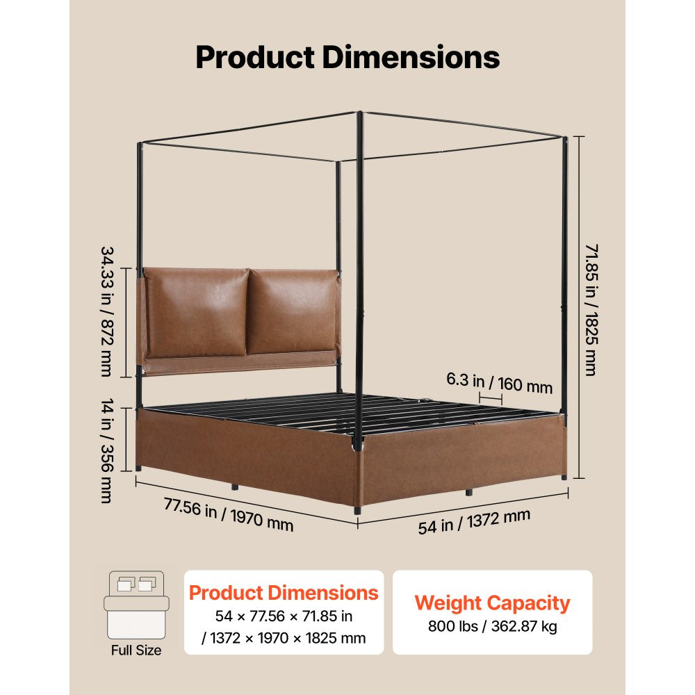 VEVOR Canopy Bed Frame Full Size Metal Canopy Bed with Leather Headboard, For Bedroom, Four-Poster, with Heavy Duty Slats, Under-Bed Storage Space, Easy to Assemble, 800 lbs Stable Support, Brown