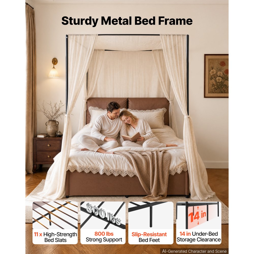 VEVOR Canopy Bed Frame Full Size Metal Canopy Bed with Leather Headboard, For Bedroom, Four-Poster, with Heavy Duty Slats, Under-Bed Storage Space, Easy to Assemble, 800 lbs Stable Support, Brown