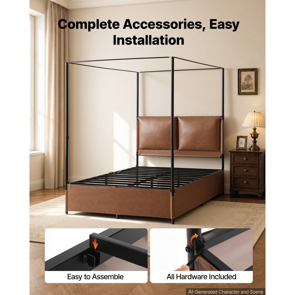 VEVOR Canopy Bed Frame Full Size Metal Canopy Bed with Leather Headboard, For Bedroom, Four-Poster, with Heavy Duty Slats, Under-Bed Storage Space, Easy to Assemble, 800 lbs Stable Support, Brown