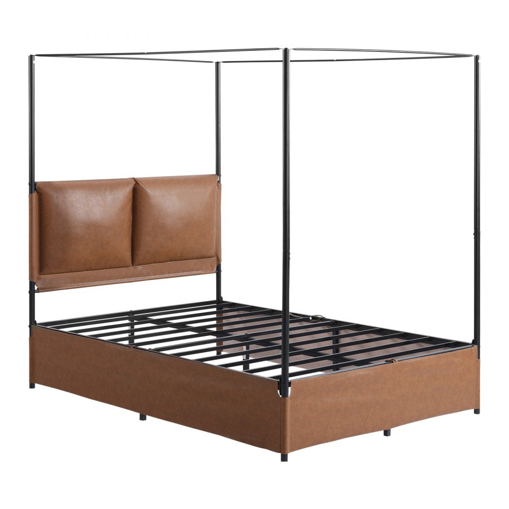 VEVOR Canopy Bed Frame Full Size Metal Canopy Bed with Leather Headboard, For Bedroom, Four-Poster, with Heavy Duty Slats, Under-Bed Storage Space, Easy to Assemble, 800 lbs Stable Support, Brown