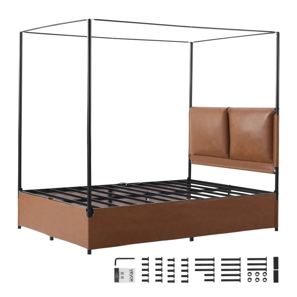 VEVOR Canopy Bed Frame Full Size Metal Canopy Bed with Leather Headboard, For Bedroom, Four-Poster, with Heavy Duty Slats, Under-Bed Storage Space, Easy to Assemble, 800 lbs Stable Support, Brown