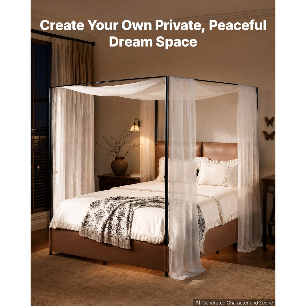 VEVOR Canopy Bed Frame Queen Size Metal Canopy Bed with Leather Headboard, For Bedroom, Four-Poster, with Heavy Duty Slats, Under-Bed Storage Space, Easy to Assemble, 800 lbs Stable Support, Brown