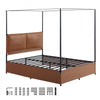 VEVOR Canopy Bed Frame Queen Size Metal Canopy Bed with Leather Headboard, For Bedroom, Four-Poster, with Heavy Duty Slats, Under-Bed Storage Space, Easy to Assemble, 800 lbs Stable Support, Brown