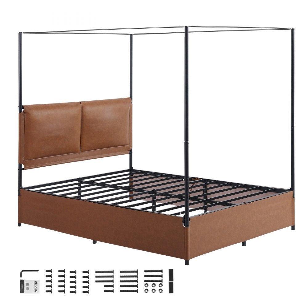VEVOR Canopy Bed Frame Queen Size Metal Canopy Bed with Leather Headboard, For Bedroom, Four-Poster, with Heavy Duty Slats, Under-Bed Storage Space, Easy to Assemble, 800 lbs Stable Support, Brown