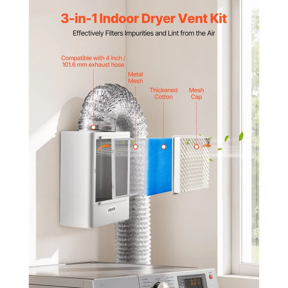 VEVOR 3-in-1 Indoor Dryer Vent Kit,Premium ABS Material Fits 4 inch Exhaust Port, Smart Overheating Reminder Exhaust Hood & Easy-to-Detach Mesh Cap & Multi-layer Purification with 4 Replacement Pads