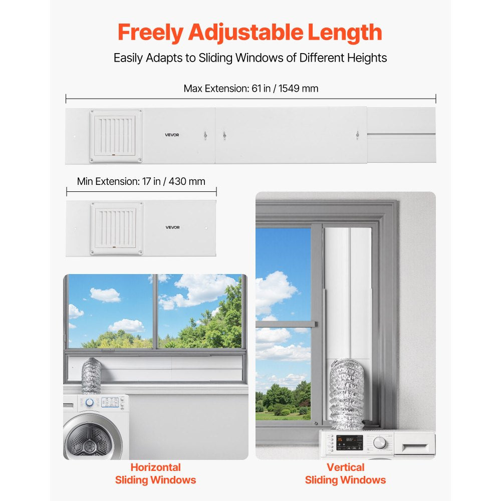 VEVOR Dryer Vent Window Kit, Fits 4-Inch Exhaust Hoses, Adjustable Length for Adapts Sliding Windows of Different Heights, Sturdy PVC and PP Materials, Dual Protections & Multi-layer Sealing Design