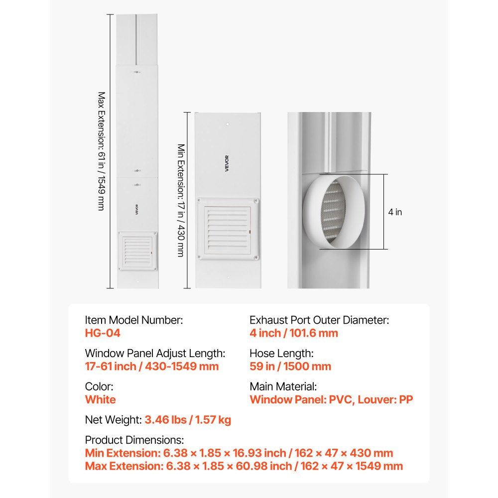 VEVOR Dryer Vent Window Kit, Fits 4-Inch Exhaust Hoses, Adjustable Length for Adapts Sliding Windows of Different Heights, Sturdy PVC and PP Materials, Dual Protections & Multi-layer Sealing Design