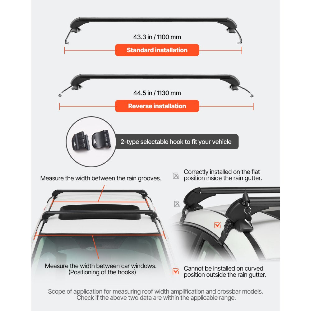 VEVOR Roof Rack Cross Bars, Universal Fit for Naked Roofs Without Raised Rails/Flush Rail/Black Moldings, 165 LBS Capacity, Lockable Heavy Duty Aluminum Crossbar Racks Roof Rail Rooftop Luggage Canoe