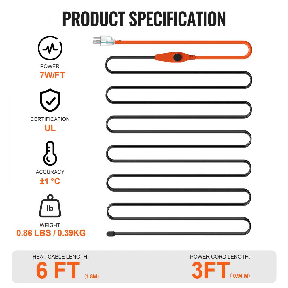 VEVOR Pipe Heating Cable, 6FT 7W/FT Heat Tape for Pipes with Built-in Thermostat, Water Pipe Heat Cable Protects PVC Hose, Metal and Plastic Pipe from Freezing