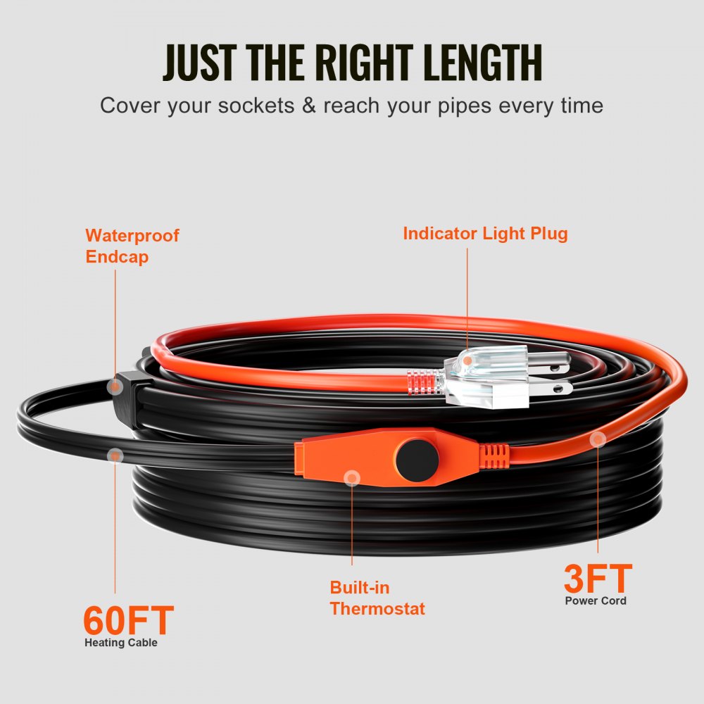 VEVOR Pipe Heating Cable, 60FT 7W/FT Heat Tape for Pipes with Built-in Thermostat, Water Pipe Heat Cable Protects PVC Hose, Metal and Plastic Pipe from Freezing