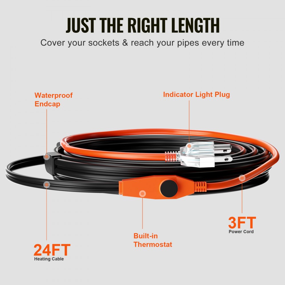 VEVOR Pipe Heating Cable, 24FT 7W/FT Heat Tape for Pipes with Built-in Thermostat, Water Pipe Heat Cable Protects PVC Hose, Metal and Plastic Pipe from Freezing