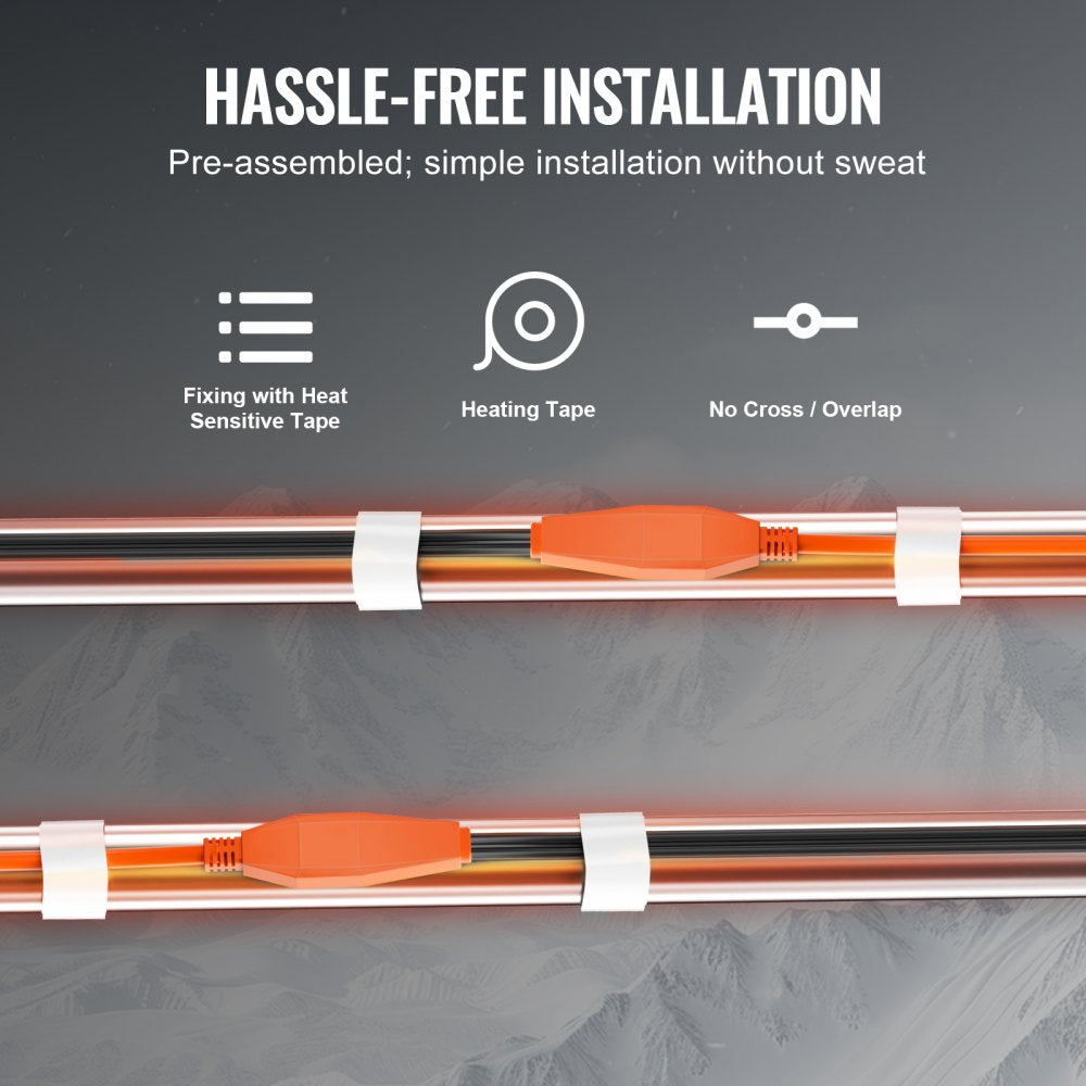 VEVOR Pipe Heating Cable, 24FT 7W/FT Heat Tape for Pipes with Built-in Thermostat, Water Pipe Heat Cable Protects PVC Hose, Metal and Plastic Pipe from Freezing