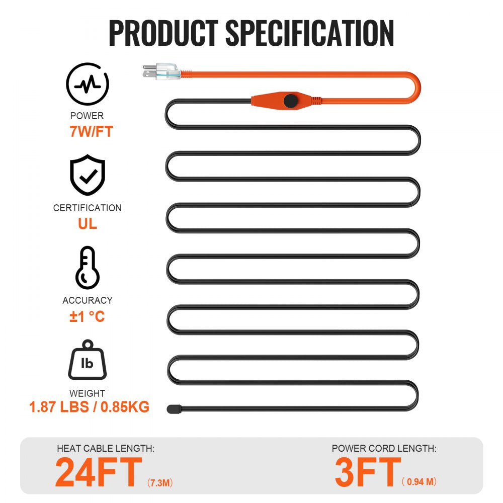 VEVOR Pipe Heating Cable, 24FT 7W/FT Heat Tape for Pipes with Built-in Thermostat, Water Pipe Heat Cable Protects PVC Hose, Metal and Plastic Pipe from Freezing