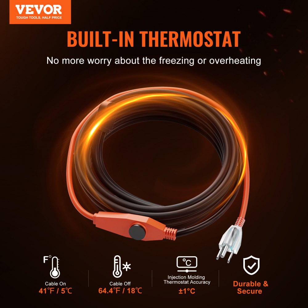 VEVOR Pipe Heating Cable, 18FT 7W/FT Heat Tape for Pipes with Built-in Thermostat, Water Pipe Heat Cable Protects PVC Hose, Metal and Plastic Pipe from Freezing