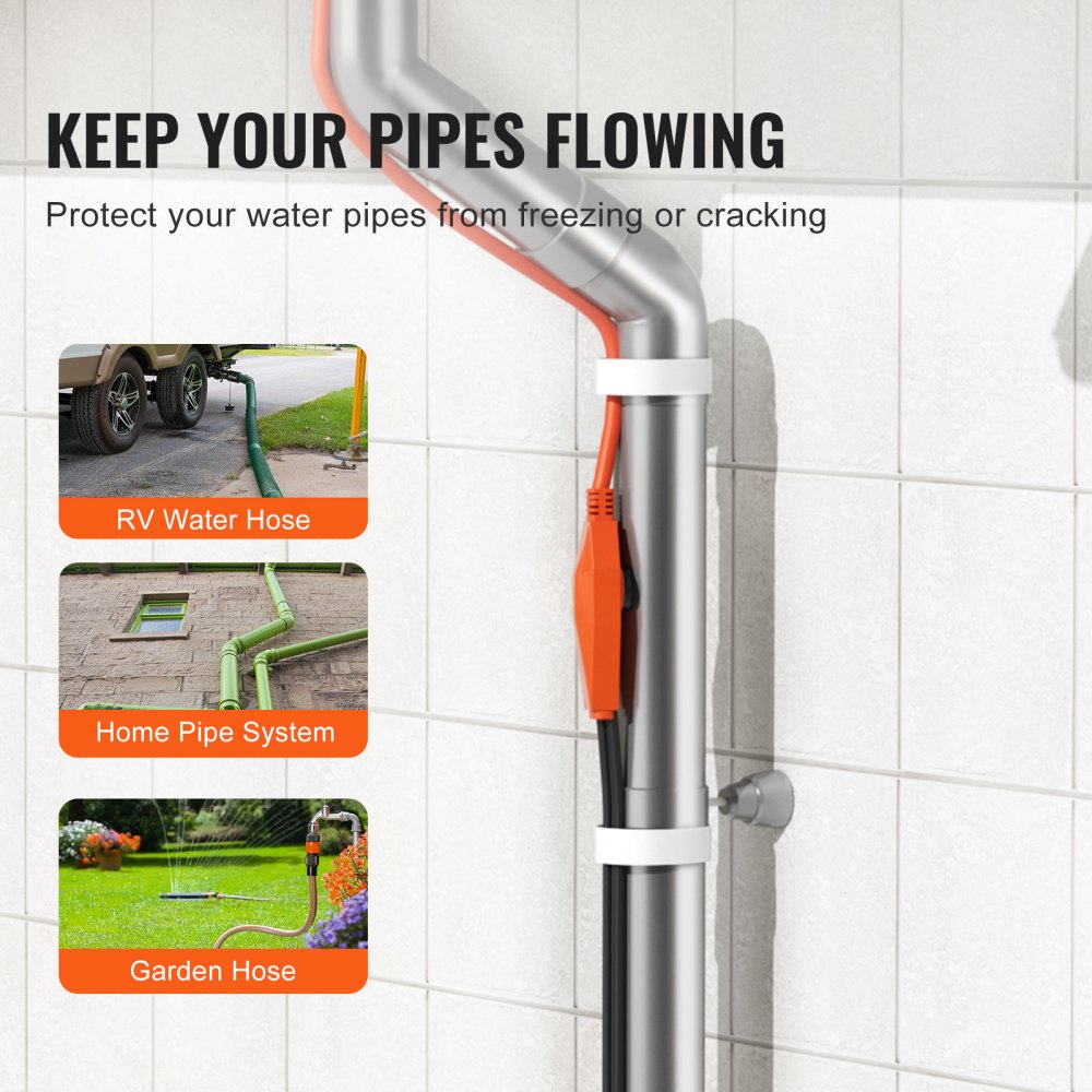 VEVOR Pipe Heating Cable, 12FT 7W/FT Heat Tape for Pipes with Built-in Thermostat, Water Pipe Heat Cable Protects PVC Hose, Metal and Plastic Pipe from Freezing