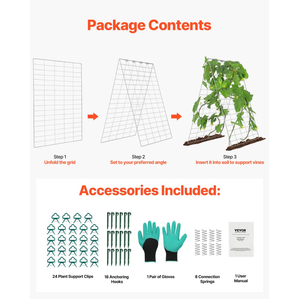 VEVOR Cucumber Trellis for Climbing Plants, 35" x 55" Foldable Cucumber Trellis Set with Plant Clips, Metal Garden Trellis for Raised Bed, Outdoor Plant Grow Support for Tomato, Squash, Vegetable