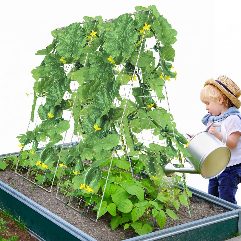 VEVOR Cucumber Trellis for Climbing Plants, 35" x 55" Foldable Cucumber Trellis Set with Plant Clips, Metal Garden Trellis for Raised Bed, Outdoor Plant Grow Support for Tomato, Squash, Vegetable